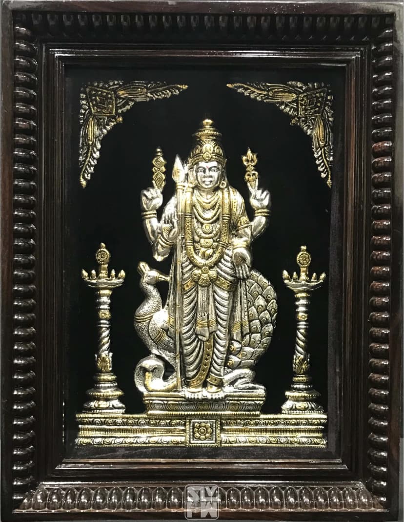 Kukke Subramanya Swamy Silver With Gold Plating + Antique 12"x16"